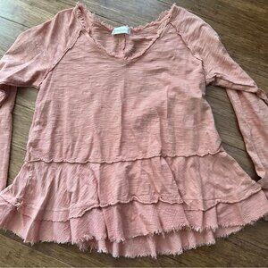 Altar’d State Orange Womens Tshirt Tee Long Sleeve Eyelash Ruffle Tiered Hem Top